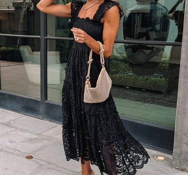 Black Lace Smocked Bodice Sleeveless Midi Dress