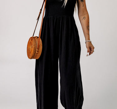 Black Smocked Sleeveless Wide Leg Jumpsuit with Pockets