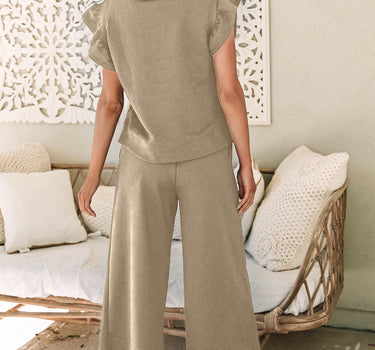 Pale Khaki Textured Flutter Sleeve Top Wide Leg Pants Set