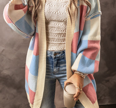 Light Blue Checkered Drop Shoulder Exposed Seam Open Front Cardigan