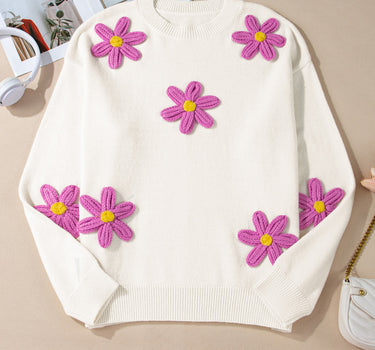 White Plus Size Flower Crochet Drop Shoulder Knit Sweater