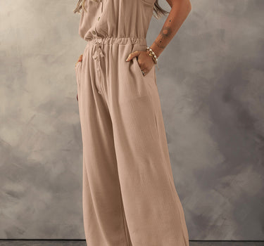 Pale Khaki Knotted Straps Button Textured Drawstring Jumpsuit