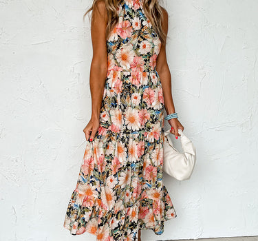 Black Boho Floral Print Knotted Halter Ruffled Maxi Dress