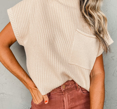 Oatmeal Patch Pocket Ribbed Knit Short Sleeve Sweater