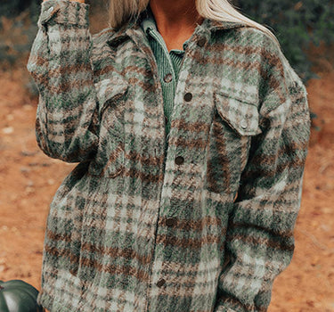 Mist Green Plaid Print Chest Pockets Turn Down Collar Shacket