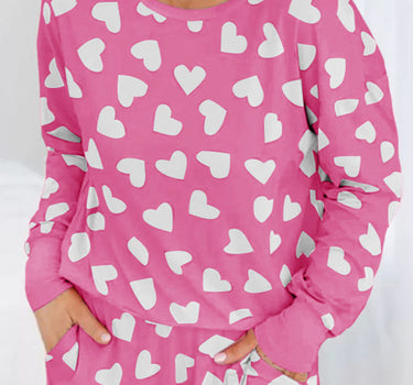 Pink Valentine Heart Shape Print Long Sleeve Top Shorts Lounge Set