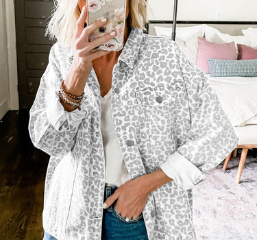 White Leopard Printed Flap Pocket Denim Jacket