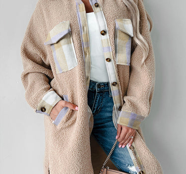 Smoke Gray Plaid Patchwork Collared Button-up Sherpa Long Coat