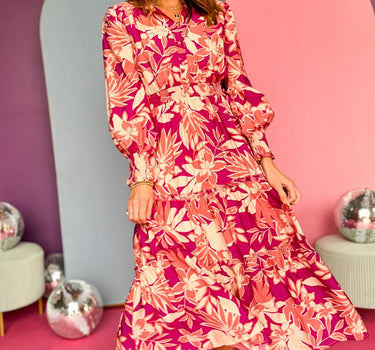 Rose Floral Print Buttoned Smocked High Waist Maxi Dress