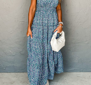 Blue Printed V Neck Shirred Short Puff Sleeve Maxi Dress