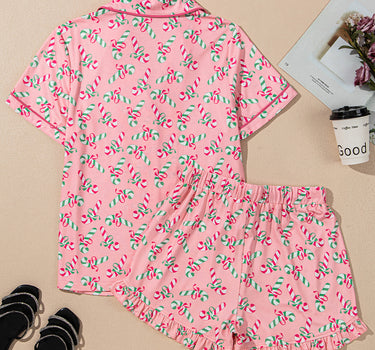 Pink Christmas Candy Cane Print Pocketed Knotted Pajama Set