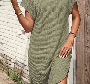 Jungle Green Waffle Texture Curved Hem Side Slit T-shirt Dress