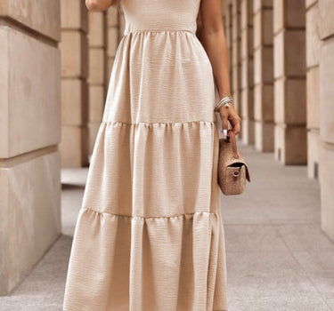 Oatmeal Crossover Backless Bodice Tiered Maxi Dress