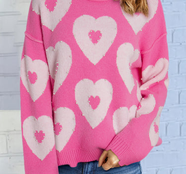 Bonbon Pearl Beaded Heart Drop Shoulder Sweater