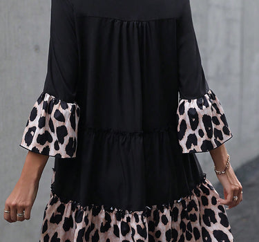 Black Leopard Trim V Neck Ruffled Sleeve Flared Dress