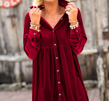 Fiery Red Long Sleeve Ruffle Velvet Button Up Dress