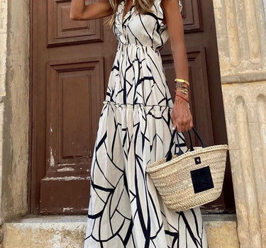 White Abstract Vein Print V Neck Ruffle Maxi Dress