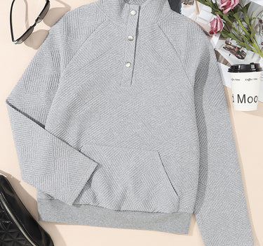 Light Grey Textured Knit Buttoned Kangaroo Pocket Sweatshirt