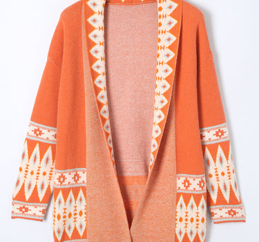 Orange Printed Aztec Print Open Front Knitted Cardigan