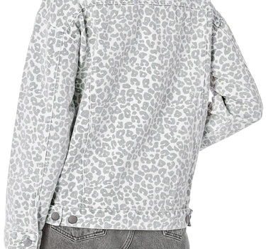 White Leopard Printed Flap Pocket Denim Jacket