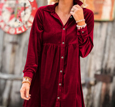 Fiery Red Long Sleeve Ruffle Velvet Button Up Dress