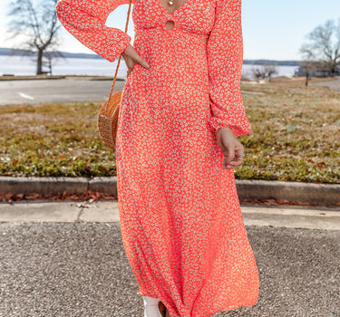 Red Floral Long Puff Sleeve V Neck Hollow Out Dress