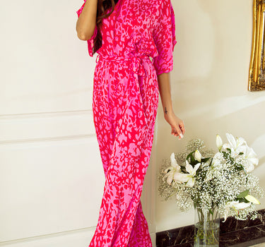 Rose Leopard Loose Sleeve Belted Wide Leg Jumpsuit