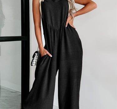 Black Textured Buttoned Straps Ruched Wide Leg Jumpsuit