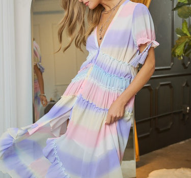 V-Neck short Puff Sleeve Maxi Dress