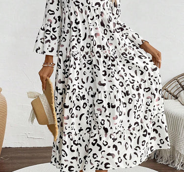 White Leopard Print Notch V Neck Loose Fit Maxi Dress