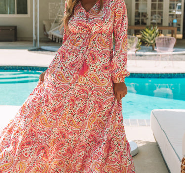 Orange Boho Holiday Paisley Print Tiered Long Sleeve Maxi Dress