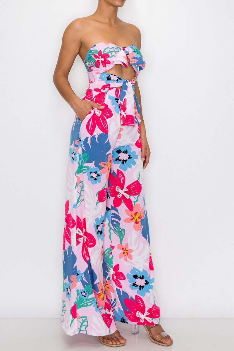 Flower print strapless heart neck front tie Jumpsuit