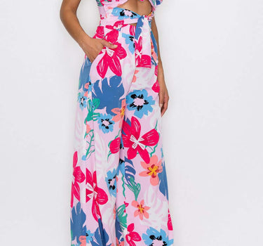 Flower print strapless heart neck front tie Jumpsuit