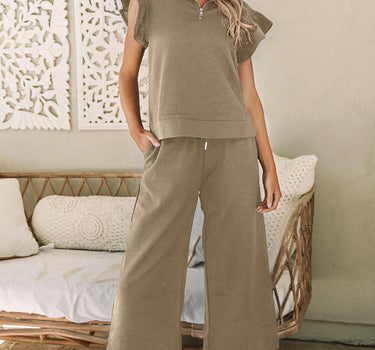 Pale Khaki Textured Flutter Sleeve Top Wide Leg Pants Set