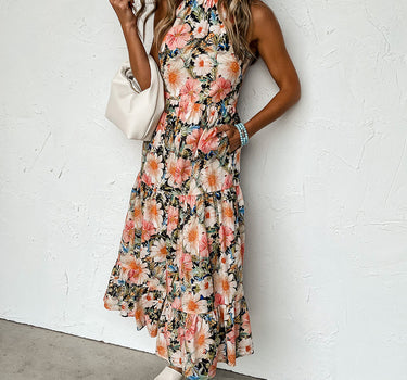 Black Boho Floral Print Knotted Halter Ruffled Maxi Dress