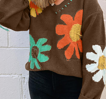 Coffee Big Flower Pattern V Neck Drop Shoulder Sweater