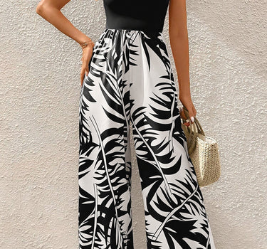 Black Halter Tropical Plant Print Wide Leg Jumpsuit