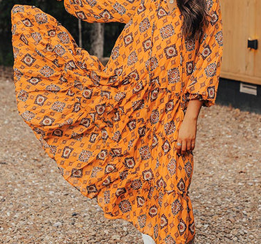 Orange Western Geometric Print Tiered Frilled Loose Fit Midi Dress