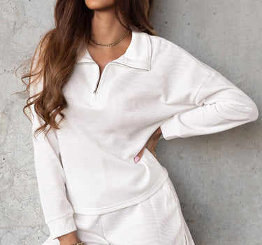 White Ribbed Zipper Sweatshirt and High Waist Shorts Set