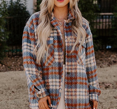 Cinnamon Plaid Print Chest Pockets Turn Down Collar Shacket