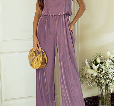 Rose Tan Solid Self Tied Straps Pleated Wide Leg Jumpsuit