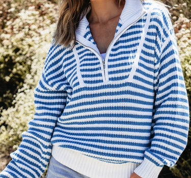 Sky Blue Stripe Zip up Collar Drop Shoulder Sweater