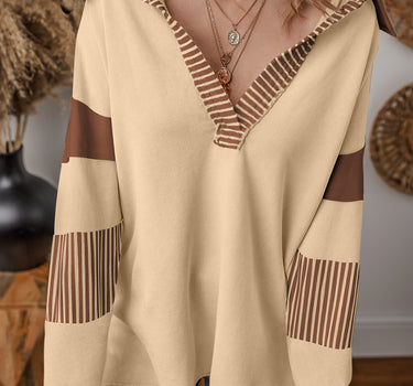 Light French Beige Striped Colorblock Patchwork Collar Sweatshirt