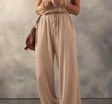 Pale Khaki Knotted Straps Button Textured Drawstring Jumpsuit