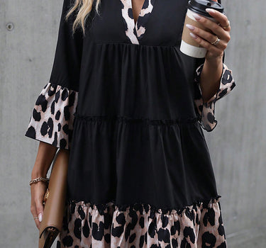 Black Leopard Trim V Neck Ruffled Sleeve Flared Dress