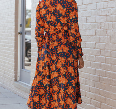 Orange Floral Print Faux Wrap Belted Dress