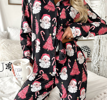 Black Christmas Santa Printed Two Piece Pajamas Set