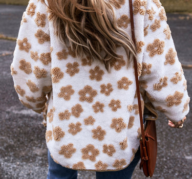 Light French Beige Cute Flower Pattern Button Up Fleece Jacket