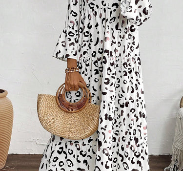 White Leopard Print Notch V Neck Loose Fit Maxi Dress