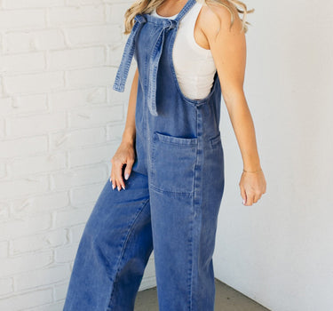 Prussian Blue Mineral Wash Knotted Strap Patched Pocket Wide Leg Denim Overalls